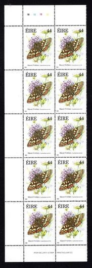 1985 Ireland Fauna & Flora Butterflies Commemorative Stamps Marginal left block of 10 with plate numbers Mint Never Hinged (MNH)