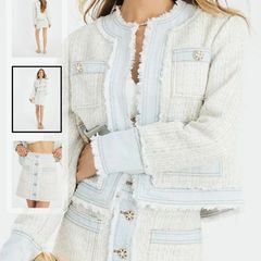 River island denim tweed wool mix set designer inspired jacket skirt suit S M skirt 12 co ord
