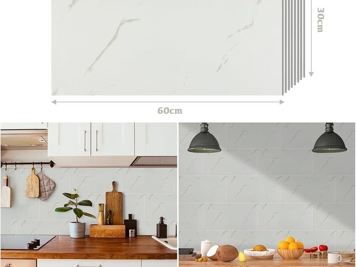 White Tile Stickers 60x30cm/10pcs, Peel and Stick Marble Wall Tiles for Bathroom Kitchen Backsplash Waterproof Removable