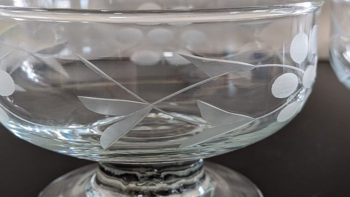 Vintage Etched Crystal Footed Dessert Bowls Pair Grapevine Leaf Design