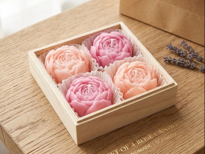 Beautiful Rose-Shaped Candle Set in Wood Box - Perfect Gift