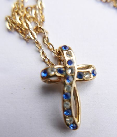 Vintage Gold Plated and Blue Austrian Crystal Cross Necklace length 16"