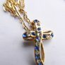 Vintage Gold Plated and Blue Austrian Crystal Cross Necklace length 16" Image 7
