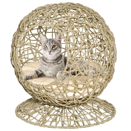 Wicker Cat Bed, Rattan Kitten Basket, Elevated Kitty House Cozy Cave with Soft Cushion 48 x 52cm Brown