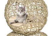 Wicker Cat Bed, Rattan Kitten Basket, Elevated Kitty House Cozy Cave with Soft Cushion 48 x 52cm Brown