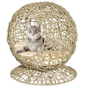 Wicker Cat Bed, Rattan Kitten Basket, Elevated Kitty House Cozy Cave with Soft Cushion 48 x 52cm Brown