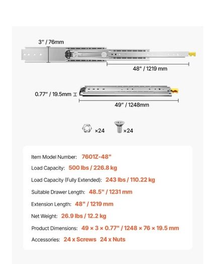 Heavy duty drawer slides 48 inch
