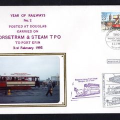 1993 Isle of Man Cover showing Year of Railways No 2 Posted at Ramsey Carried on Horsetram & Steam TPA (Traveling Post Office) Special to Port Erin tying 23p definitive stamp