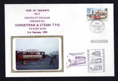 1993 Isle of Man Cover showing Year of Railways No 2 Posted at Ramsey Carried on Horsetram & Steam TPA (Traveling Post Office) Special to Port Erin tying 23p definitive stamp