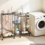 Heavy-Duty Metal Broom Holder & Cleaning Organizer with Wheels, Mop Hanger and Storage Rack, Black Steel Utility Cart Image 8