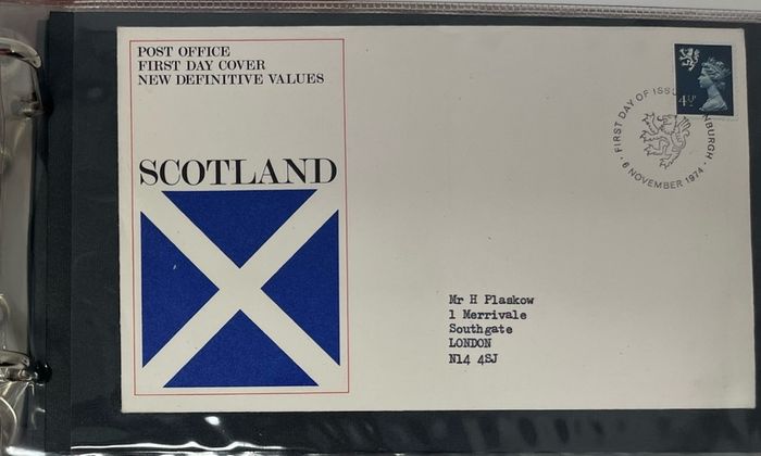 Collection of 38 Stamp First Day Covers, 1872-75 housed in Royal Mail small album with good range and including definitive values plus regionals. 38 images of contents