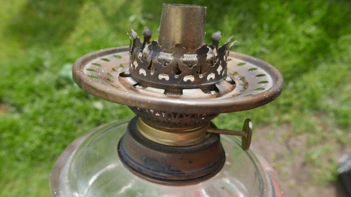 Vintage Victorian oil lamp CAST IRON BASE with Bristol  bowl