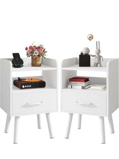 Bedside Table Set of 2, Nightstand, Side Table, Wooden Sofa End Table with Fabric Drawer, Open Shelf, Solid Wood Legs, 39x29x63 cm, for Bedroom, Living Room, White