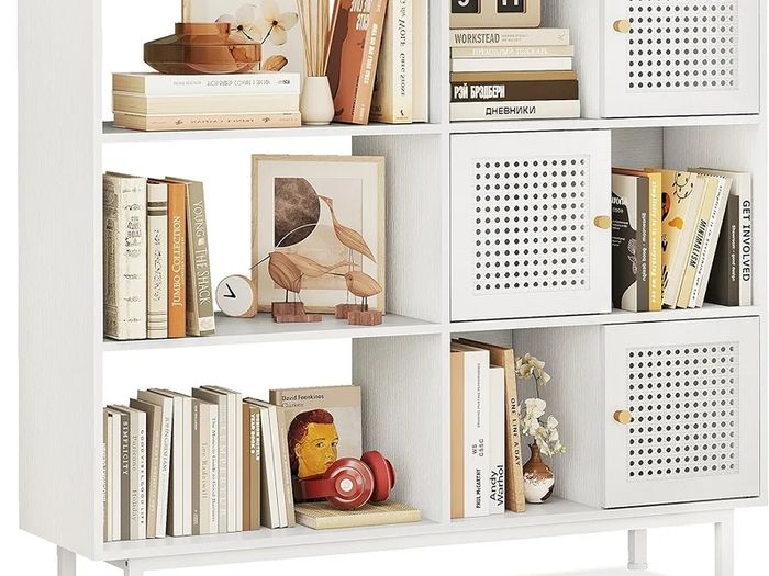 Rattan Bookcase, Storage Sideboard Cabinet with Metal Legs, Wooden Bookshelf with 3 Door, 6 Open Compartments, Freestanding Display Rack for Living Room, Study,102x29x96cm(White)