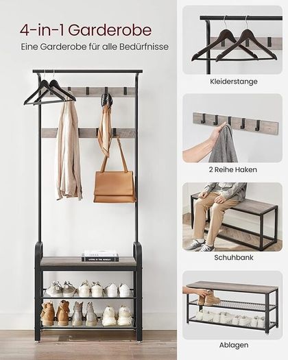 coat rack, wardrobe, shoe rack with seat, clothes rack with 9 removable hooks, bench seat, 2 grid shelves, 183 cm high, industrial design,