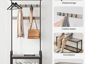 coat rack, wardrobe, shoe rack with seat, clothes rack with 9 removable hooks, bench seat, 2 grid shelves, 183 cm high, industrial design,