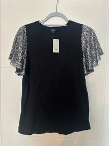 New River Island Woman's Black T-shirt with Sequin Sleeves - Size UK 8