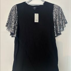 New River Island Woman's Black T-shirt with Sequin Sleeves - Size UK 8