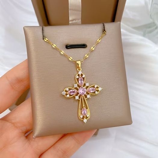 Cross Crucifix Pink Stone Crystal Gold Pendant Necklace