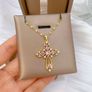 Cross Crucifix Pink Stone Crystal Gold Pendant Necklace Image 2