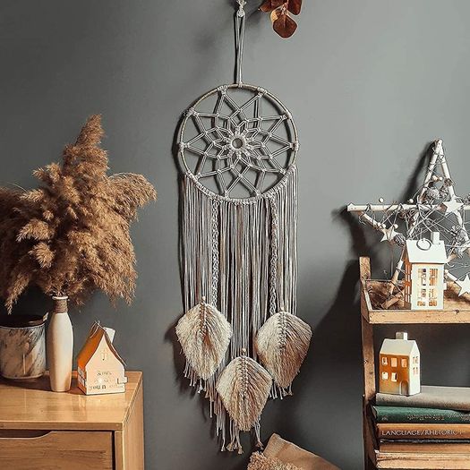 Boho Dream Catchers for Bedroom-Macrame Woven Wall Hanging Handmade Dreamcatcher with Tassel Decoration Bedroom Decor Ornament Craft,Beige (FREE SHIPPING)