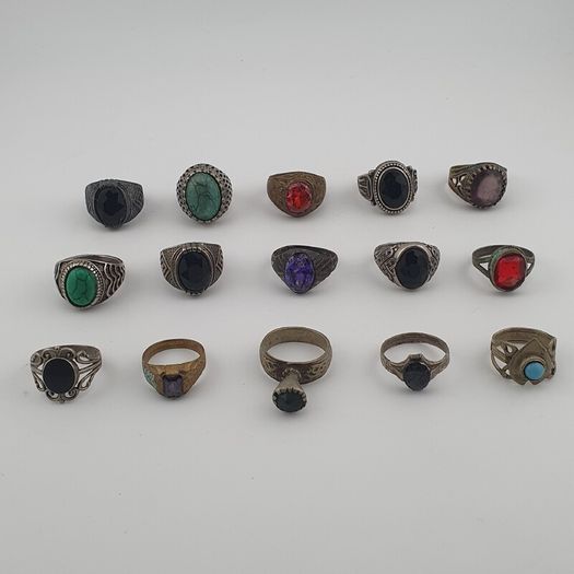 Antique Ring Lot of 15 Rustic Brass & Glass Jewellery