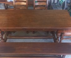 Antique solid oak circa early 19th century table plus 2 oak bench and 4 oak chairs