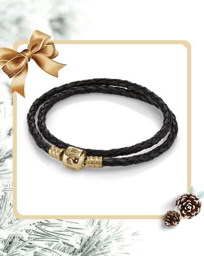 Pandora Black Double Leather Bracelet with 14 ct (585) Gold Clasp