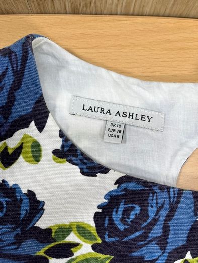 Laura Ashley Womens Dress White A-Line Linen Blue Rose Floral Print Retro SZ 10