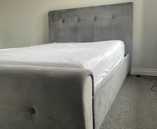 King size bed - grey suede material, high headboard