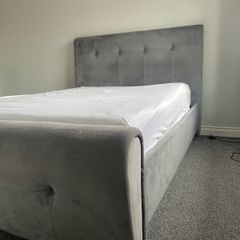 King size bed - grey suede material, high headboard