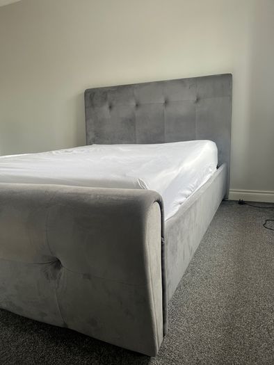 King size bed - grey suede material, high headboard