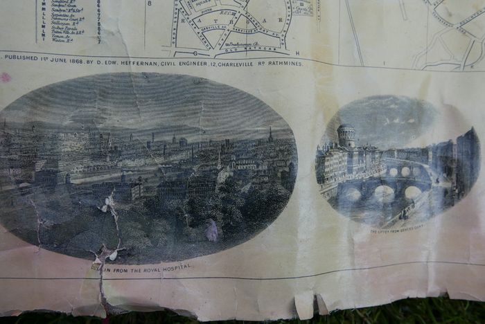 Antique DUBLIN. Map of Dublin & Suburbs with 22 vignettes of Dublin landmarks. Published by Edward Heffernan, 1st June, 1868, 12 Charleville Road, Rathmines. 28" x 22,5". Linen backed. Frayed at edges
