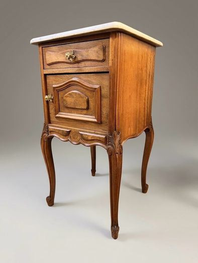 Exceptional Pair of Early 20th-Century Walnut & Marble-Top Bedside Cabinets
