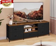 TV Stand Cabinet, TV Unit with 5 Drawers, 140 cm, Black TV Console Table with Storage Organizers, Entertainment Center with Open Shelf for Living Room, Bedroom