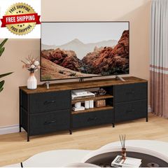 TV Stand Cabinet, TV Unit with 5 Drawers, 140 cm, Black TV Console Table with Storage Organizers, Entertainment Center with Open Shelf for Living Room, Bedroom