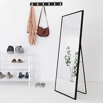 Full Length Mirror 140x40cm Free Standing, Hanging or Leaning, Large Floor Mirror with Black Aluminum Alloy Frame for Living Room or Bedroom