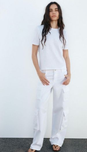 SALE Fab Zara Mid Rise White Multi Pocket Wide Leg Cargo Trousers  Size 42 UK 14
