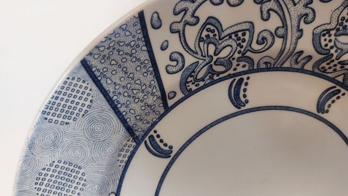 Fabulous & Unusual Large Blue and White 12.5" Charger or Display Plate by Wood & Sons in the Aesthetic Movement Inspired "Arabesque" Pattern