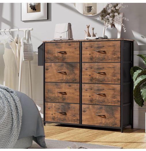 Fabric Chest of Drawers - Canvas Storage Unit with 8 Large Drawers Label Cards, Side Pocket & Hook for Living Room, Hallway, Bedroom