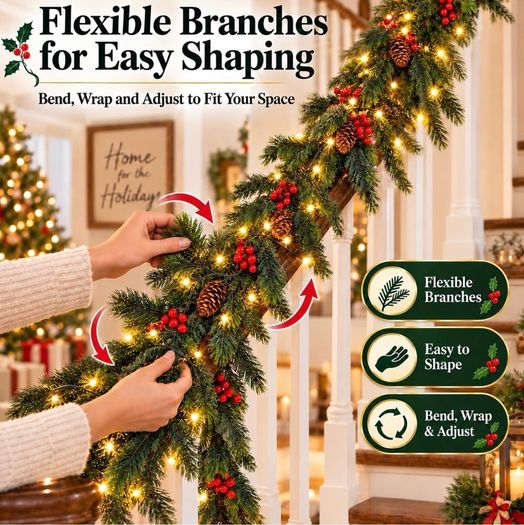 2Pack 2M Christmas Garland with 5m String Lights for Xmas Decoration Artificial Pine Garland with Red Berries & Pinecones with 8 Lighting Modes for Stairs, Fireplace, Indoor & Outdoor Decoration