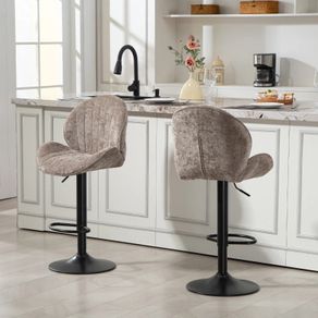 Set of 2 Shell-Shape Bar Stools, Backrest, Height Adjustable with Footrest, Steel Frame, Brown