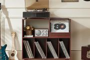 Large record stand with storage, record player stand with shelf, vinyl record holder with presentation surface, record stand for up to 300 albums, record shelf for music room and living room