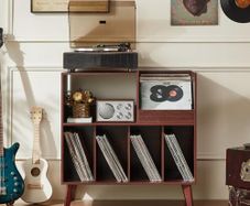 Large record stand with storage, record player stand with shelf, vinyl record holder with presentation surface, record stand for up to 300 albums, record shelf for music room and living room