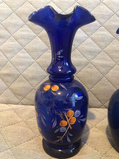 Czech Crystalex Cobalt Blue Vase Hand Painted White Flowers Vintage