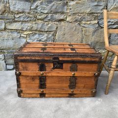 Late Victorian Antique Metal Bound Wooden Chest.