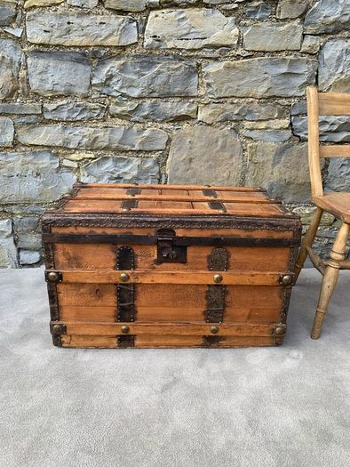 Late Victorian Antique Metal Bound Wooden Chest.
