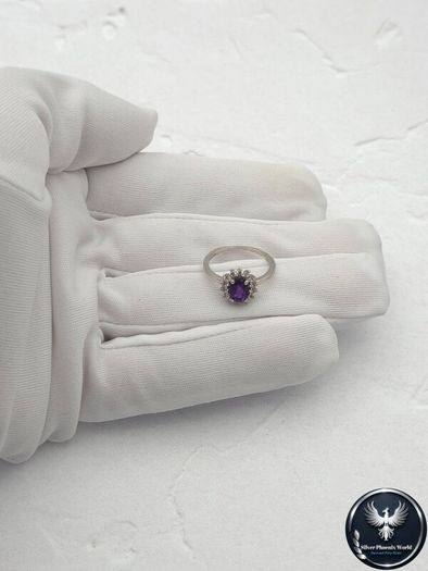 Vintage 925 Sterling Silver Amethyst & CZ Halo Ring