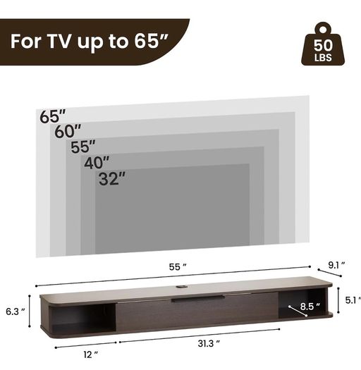 Wall-mounted TV Cabinet Stand, 140cm Floating Media Console Under TV, Entertainment Shelf Center for Bedroom and Living Room, Greyish-Coffee