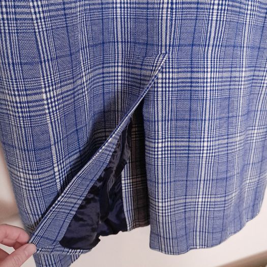 Mango Blue White Checked Plaid Double Breasted Blazer Coat Overcoat Size S